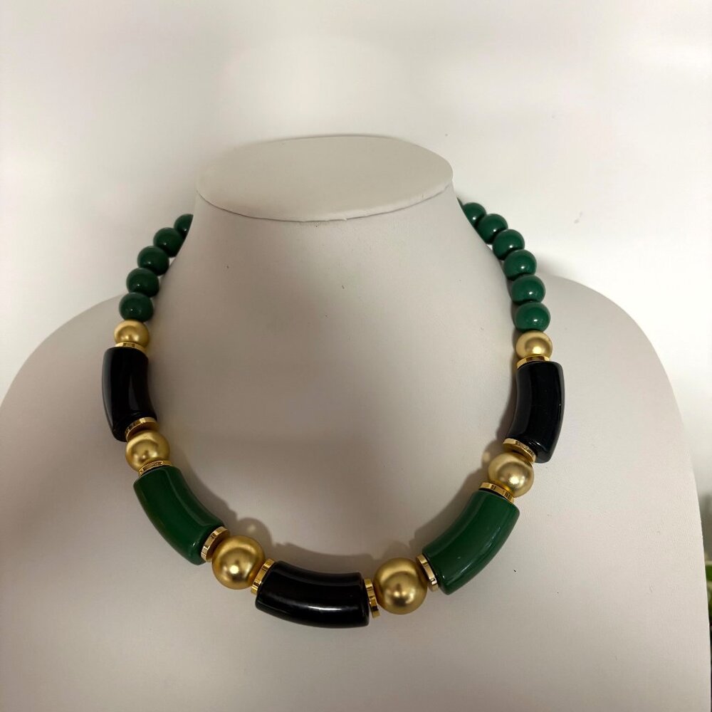 Vintage Green Gold Tone Beaded Statement Necklace Chunky Asian Inspired Retro